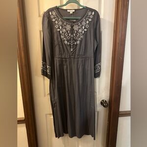 Coldwater Creek Charcoal Embroidered Long Sleeve Dress